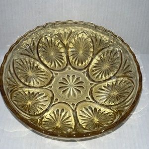 Depression Glass Amber Gold Serving Bowl Sunburst Scalloped Vintage Top 8" dia